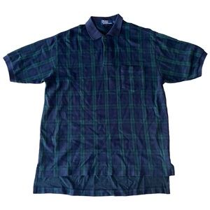 Ralph Lauren 90s Green Blue Plaid Polo Short Sleeve Shirt Men's L